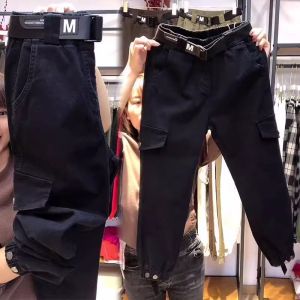 กางเกงยีนส์ทรงหลวมเอวสูงสำหรับผู้หญิง ฤดูใบไม้ร่วง/ฤดูหนาว กางเกงขายาวทรงหลวมสไตล์ฮาราจูกุ บุขนแกะ ผ้าฝ้าย อบอุ่น กางเกงขายาวหลายกระเป๋า