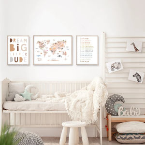 World Map Canvas Painting Colorful Animal Theme Educational Wall Art Posters Printed Canvas Painting ChildrenS Home Decoration