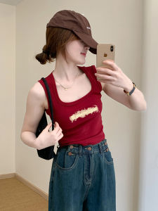 เสื้อกั๊กแขนกุดคอเหลี่ยมสีแดงสำหรับผู้หญิง ทรงเข้ารูป แขนสั้น แฟชั่นฤดูร้อน 2025 เสื้อผ้าทำงานสไตล์เกาหลี ผ้าฝ้ายผสม