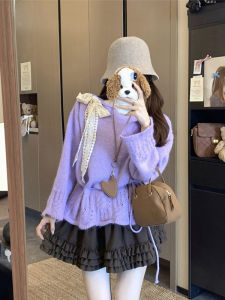 CHOEFULYN | Áo Sweater Knitted Cổ Nơ Hoa Văn Ren Tím
