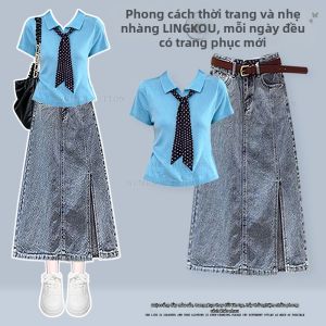 NUMEN BUTTON | Bộ Áo Thun Đơn Giản và Chân Váy Jean Phong Cách Trường Học Mùa Hè Kích Cỡ Lớn