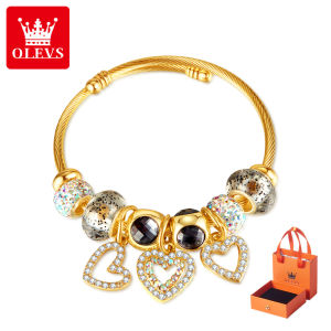 OLEVS สร้อยข้อมือไททาเนียมสำหรับผู้หญิงสร้อยข้อมือแฟชั่นยุโรปและอเมริกาแบบย้อนยุคดีไซน์ สร้อยข้อมือเหล็กแห่งความรักระดับไฮเอนด์