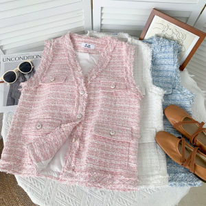 Fashionable V-Neck Tweed Vest Womens Sleeveless Jacket with Fringe Single Button Closure Classic Straight Cut Autumn Wear