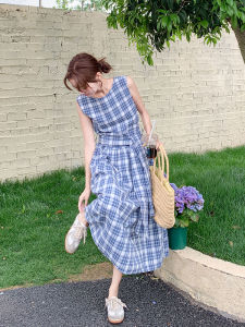 Blue Plaid Sleeveless Dress French Style Belted Slimming Vest Skirt Womens Fashionable High Waist Polyester Fiber Long Dress