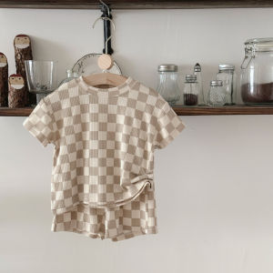 ฤดูร้อนเด็กTracksuitsรูปแบบกระดานหมากรุกเสื้อ + กางเกงขาสั้นเด็กสบายๆกีฬาเสื้อผ้าชุดทารกแฟชั่น 2 ชิ้น/เซ็ต