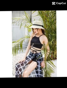 Mookrin ชุดว่ายน้ำ 3 ชิ้น Bikini fashion ผู้หญิง เสื้อ กางเกงผ้าคลุม ชุดเดินชายหาด ลายตารางดำ SW3-TRD-BK