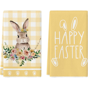 2Pcs Easter Yellow Floral Rabbit Kitchen Towels 40Cm*60Cm Towel Set Super Absorbent Soft Cleaning Cloth Cooking and Baking Tea Towel Hand Towel Cleaning Cloth Dishcloth Kitchen Decoration Living Room Decoration Kitchen Essentials Home Essent...