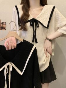 Plus Size Womens Clothing Chubby Girl Ice Silk Knitted Short Sleeve T-shirt Stylish Bows Loose Slim Looking Lapel Shoulder Tops