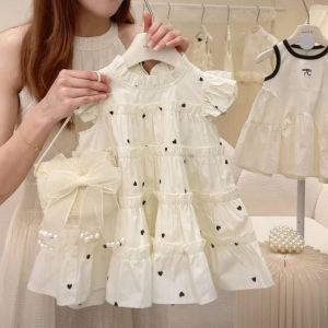 Bear Leader Cute Love Printed Cake Princess Dress Summer Short Sleeved Korean Version Beach Girl Clothes Kids Fashion Outfits