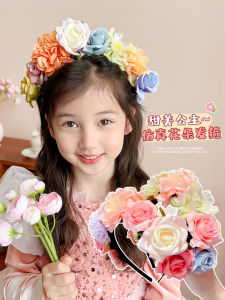 เครื่องประดับผมสไตล์ชาติพันธุ์สีชมพูสำหรับการแสดงวันเด็ก หมวกประดับดอกไม้สำหรับเด็กผู้หญิง ชุดฮันฟู่แบบใหม่