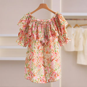 Sweet Floral Elastic Loose Blouse with Flounced Cuffs