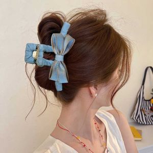 Autumn Winter Denim Bow Hair Claw Clip for Women High-End Hair Bun Shark Clip 2025 New Large Size Back Hair Accessory