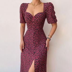 LOVELY red black floral Puff sleeve queen neckline midi dress with side slit (HIGH QUALITY IMPORTED)