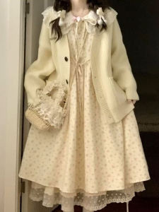 Korean Style Floral Print Dress Knitted Sweater Cardigan Two-Piece Set High Waist Long Sleeve Midi Skirt H-Shape College Style
