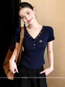 American Navy V-Neck Short-Sleeved Fitted Crop Top