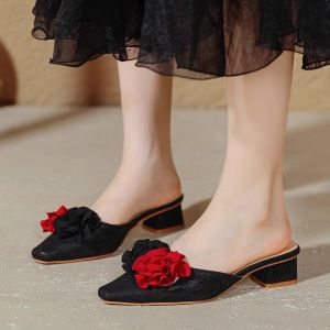 Sweet Style Satin Flower Head Cover Slippers Womens Summer 2025 New Square Head Thick Heel Semi Slippers Versatile Slimming Cool Slippers