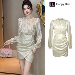 Happy Diva เดรสผู้หญิง เดรสสีแชมเปญ เดรสแขนยาว เดรสซาติน เดรสทำงาน เดรสไฮโซ เดรสวินเทจ เดรสออกงาน เดรสปาร์ตี้ ชุดราตรี 21471