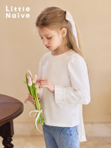 Little Naive | White Basic T-shirt for Girls with Accordion Sleeves