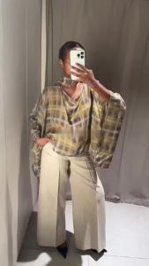 HH Women Fashion Plaid Skirts Suits Casual Loose Scarf Collar Cape Blouse Tops High Waist Midi Skirt 2026 Trend High Street Sets