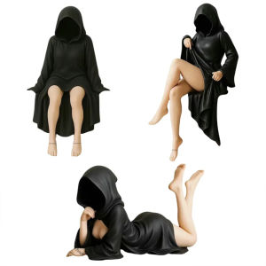 Bandai | 3Pcs Mysterious Halloween Statue Gothic Black-robed Queen Figure Bookshelf Sculpture Ghost Sitting Statue Table Decoration Gift