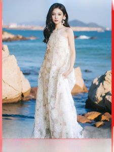 เรียบหรู สีขาว ลูกไม้ เจ้าสาว เดรส ผู้หญิง แขวนคอข้างชายหาดวันหยุด ชุดราตรี สไตล์เกาหลี สูง เอว กระโปรงทรงเอ ยาว เดรส