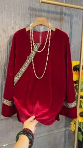 New Chinese Style Retro Velvet T-Shirt Layering Base Layer Loose Fit plus Size Womens Commute Casual round Neck Long Sleeve