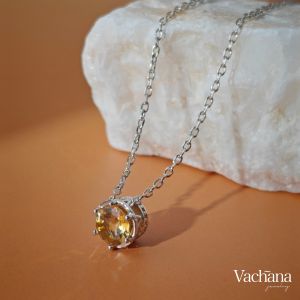 Vachana - สร้อยเพรชคริสตัลสีเหลือง เงินแท้ [Round Yellow Rhinestone Pendant Necklace]