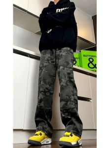 กางเกงขายาวลายพรางทรงหลวมเอวสูงสำหรับผู้ชาย กางเกงขายาวฤดูใบไม้ผลิและฤดูใบไม้ร่วง สไตล์ฤดูหนาว กางเกงขายาวทรงตรงสำหรับใส่ทำงานสไตล์อเมริกันย้อนยุค