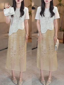 Shalldoer | Slimming Fashion Heavy Work Irregular Short Sleeve Womens Summer Outfit Two Piece Set Trendy Half Skirt Round Neck Top