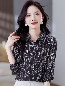 Áo Sơ Mi Voan in Hoa Tay Dài Thời Trang Cho Phụ Nữ Trung Niên Mùa Thu 2024 Phong Cách Hàn Quốc Dáng Rộng in Họa Tiết Polyester