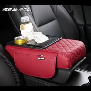 SEAMETAL Car Armrest Mat PU Leather Auto Center Console Armrests Storage Box Cover Pad With Storage Pockets Car Accessories