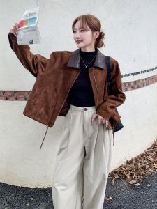 Retro Flip Collar Suede Short Jacket Womens 2025 Autumn Elegance High-End Barn Style Jacket Top Polyester Spandex Blend