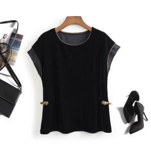 Elegant Velvet T-Shirt Womens round Neck Splice Style Chinese National Fashion Side Button Ogeen Silk Velvet Top Ladies