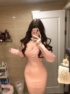Pink Knitted One-Shoulder Long Dress with Waist-Cinching Design Commute Style High Waist Polyester Fiber Long Sleeve Dress