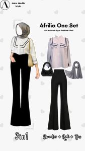 Setelan One set Wanita Terbaru ( Blouse + Celana Cutbray + Pashmina + Shoulder Bag ) AM133N