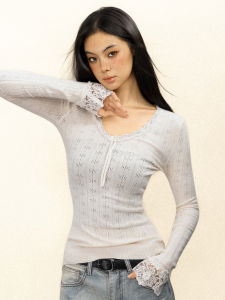 offsoul | Áo Knit Ôm Body Cổ V Có Viền Ren Gốc
