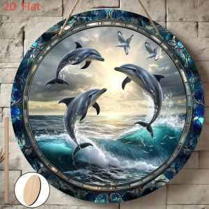 2D Dolphin Shaped Wooden Round Disc Home Decor Marine Conservation Theme Hanging Artwork Ideal Gift for Animal Lovers