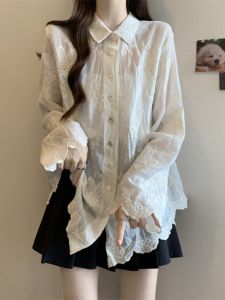 Elegant Lace Embroidered Long Sleeve Blouse for Plus Size Women