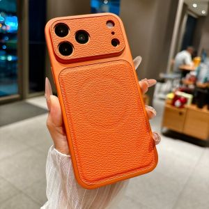 Luxury Matte Leather Large Window for Magsafe Magnetic Phone Case for IPhone 17 16 15 14 13 Pro Max Shockproof Armor Back Cover