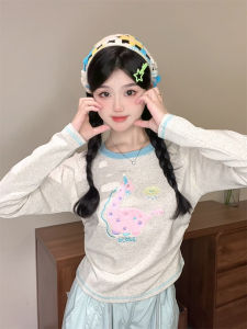 Early ฤดูใบไม้ร่วง ชิค เสื้อยืดคอกลมแขนยาว Flocking ผู้หญิง หวาน สไตล์บล็อกสีคอกลมชั้นฐานมาใหม่