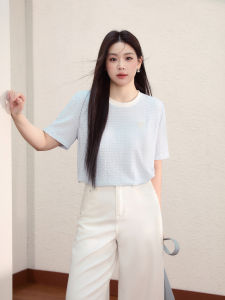 Blue Elegant Slimming Short Sleeve T-Shirt Wrinkles Texture Gentle Summer New Style plus Size Womens Clothing Commute Style