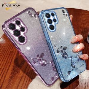 KISSCASE For Samsung S23Ultra Electroplated Glitter Flower Case Mobile Phone Shell S23+ S22 Plus S21 Rhinestone Rose S21 Flash Powder Fall Protection Cover For Galaxy S23Ultra S23Plus/S23+ S23 S22Ultra S22Plus/S22+ S22