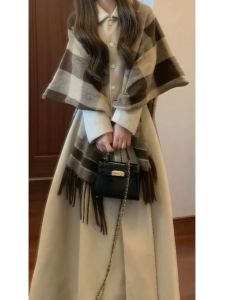 CHANGTONG | Stylish Retro Elegance Cape Shawl Tweed Coat Two-Piece Set