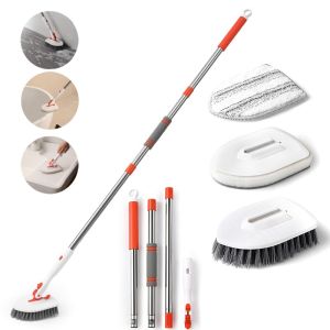 3 in 1 Tub Tile Scrubber Brush Cleaning Brush 180°Adjustable Telescopic Pole Stiff Bristles Scouring Pads Cleaning Tools