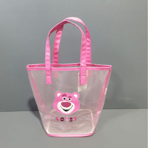 Large Capacity Transparent Mesh Shopping Bag Cartoon Handheld Lunch Box Storage Bag Eco-friendly Handbag Portable Organizer