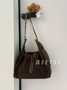 JennieHobo Brown Suede Large Capacity Bucket Bag Single Shoulder Chain Mini Womens Bag Casual Simple Style Canvas Lining
