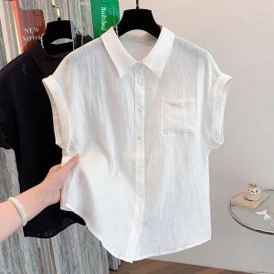 เสื้อเชิ้ตคอโปโลแขนสั้นผ้าฝ้ายลินินบางสำหรับผู้หญิงในช่วงฤดูร้อนปี 2025 เสื้อเชิ้ตทรงหลวมสบาย ๆ สไตล์ทำงานแบบลำลอง