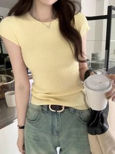 Yellow Round Collar Slim Fit Soft Ribbed Womens T-shirt