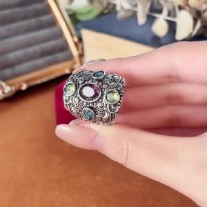 Huitan Vintage Women Ring Anti Silver Color Inlaid Shining Colorful CZ Engraved Design Accessories for Party Creative Jewelry