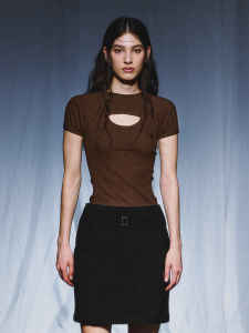 Immun System Hollow out Elastic Shoulder Sleeve Tight Fit Short Sleeve Top Casual Style Cotton Blend Spandex Summer T-Shirt